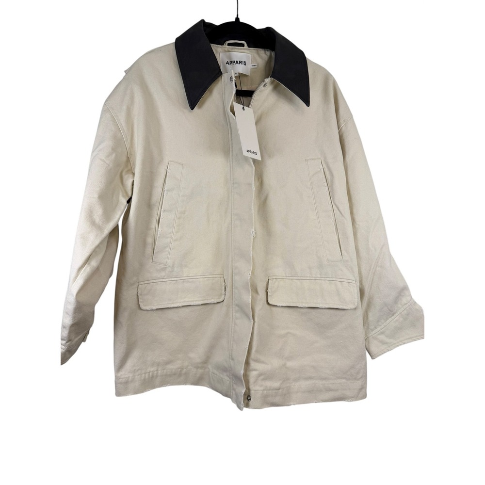 Apparis Womens Canvas Jacket Cream Off White Black Vegan Leather Collar Medium